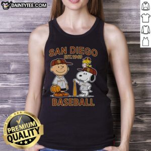 Charlie Brown, Snoopy, and Woodstock in a Diego Padres baseball jersey tank top, Est. 1969, perfect for fans.
