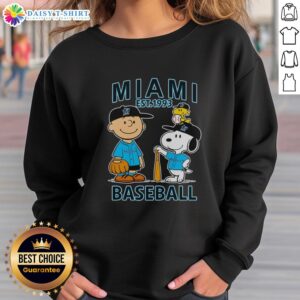 Alt Text: Charlie Brown, Snoopy, and Woodstock in Miami Marlins jersey sweatshirt, 1993 - playful baseball-themed design.