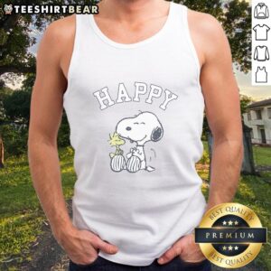 Alt Text: Cute Peanuts Snoopy and Woodstock happy tank top featuring vibrant colors and playful design for fans of the classic comic.
