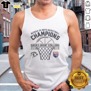 Alt Text: Top Queens Grant Stallions NCHSAA 2A Boys Basketball Champions tank top featuring team logo and championship details.