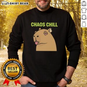 Alt Text: Awesome capybara with red eyes and tongue out on a chill meme sweatshirt, perfect for casual wear and animal lovers.