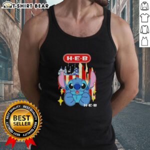 Alt Text: Pretty stitch design on H-E-B USA flag tank top, perfect for patriotic summer wear and casual outfits.
