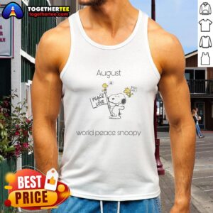 Alt Text: Stylish August tank top featuring Snoopy and Woodstock promoting world peace in vibrant colors. Perfect for summer!
