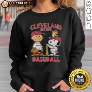 Alt Text: Cute Charlie Brown, Snoopy, and Woodstock wearing Cleveland Guardians baseball jersey sweatshirt, est. 1896.