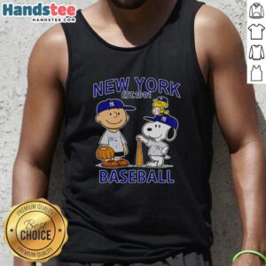 Alt Text: Charlie Brown, Snoopy, and Woodstock wearing a New York Yankees baseball jersey tank top, Est. 1901.