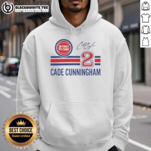 Alt Text: Top Cade Cunningham Detroit Pistons signature name and number hoodie featuring vibrant team colors and logo.