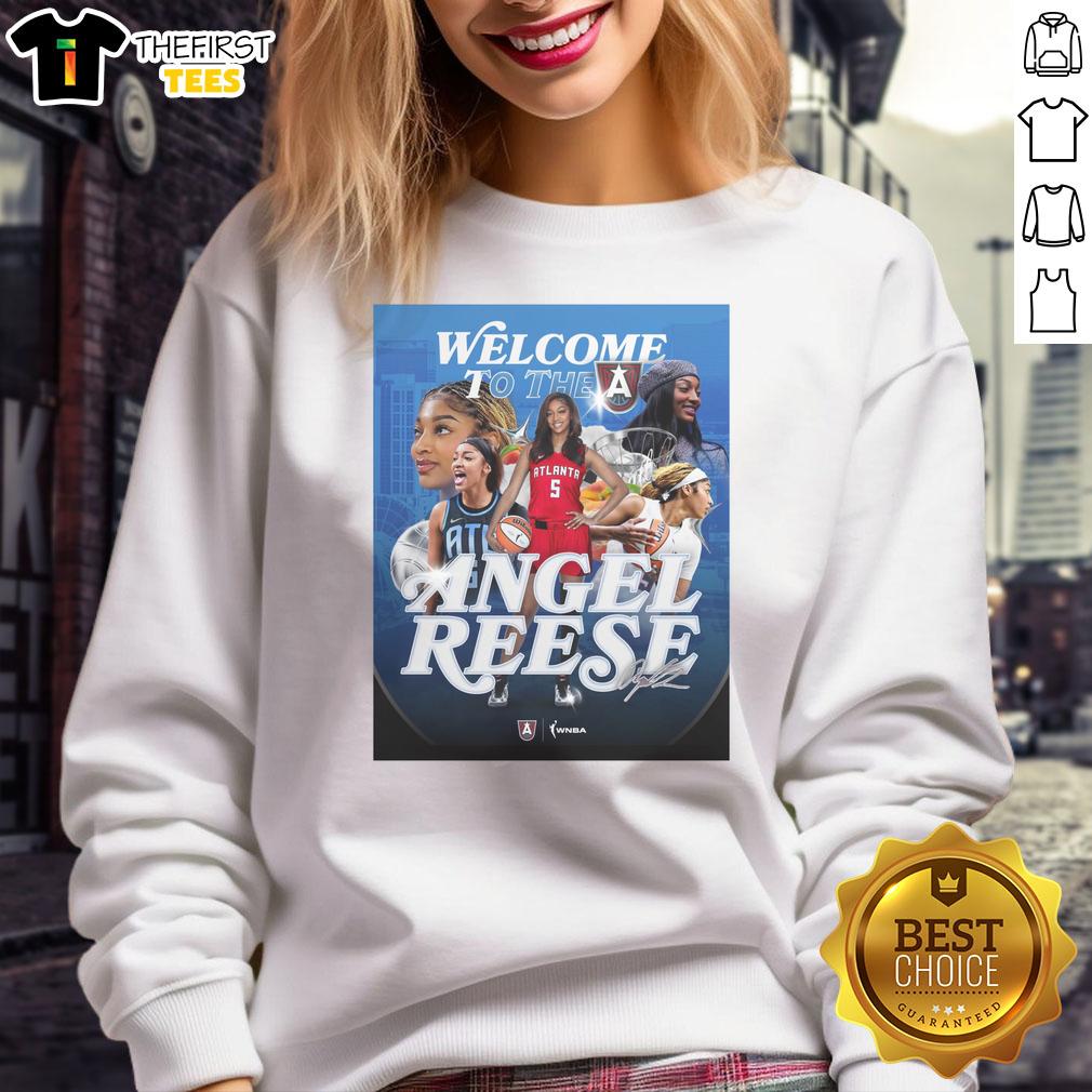 top-angel-reese-welcome-to-the-atlanta-dream-signature-sweatshirt Angel Reese wearing the Atlanta Dream Signature Sweatshirt, showcasing team pride and style in a vibrant setting.
