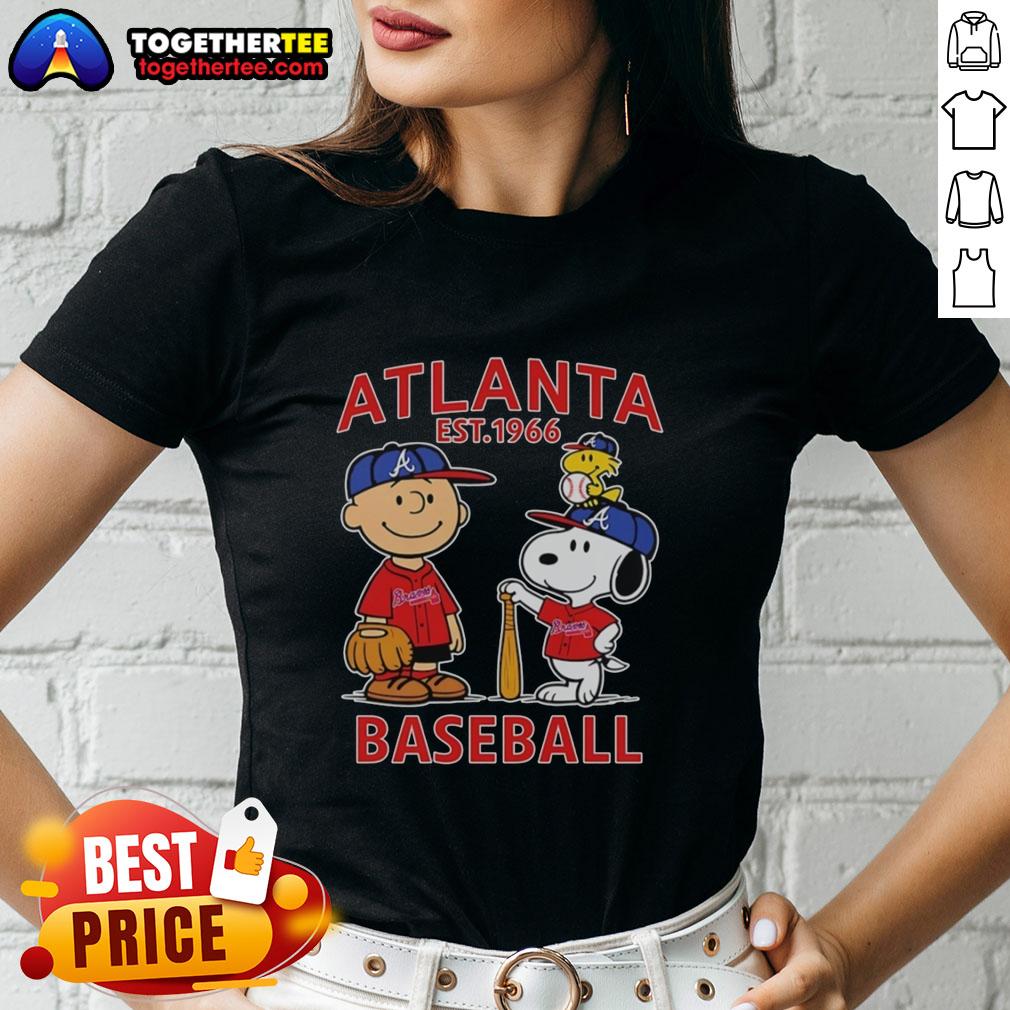 Top Charlie Brown Snoopy And Woodstock With Atlanta Braves Baseball Jersey Est 1961 Ladies-Tee Alt Text: Charlie Brown, Snoopy, and Woodstock in an Atlanta Braves baseball jersey, Est. 1961, featured on a ladies' tee.