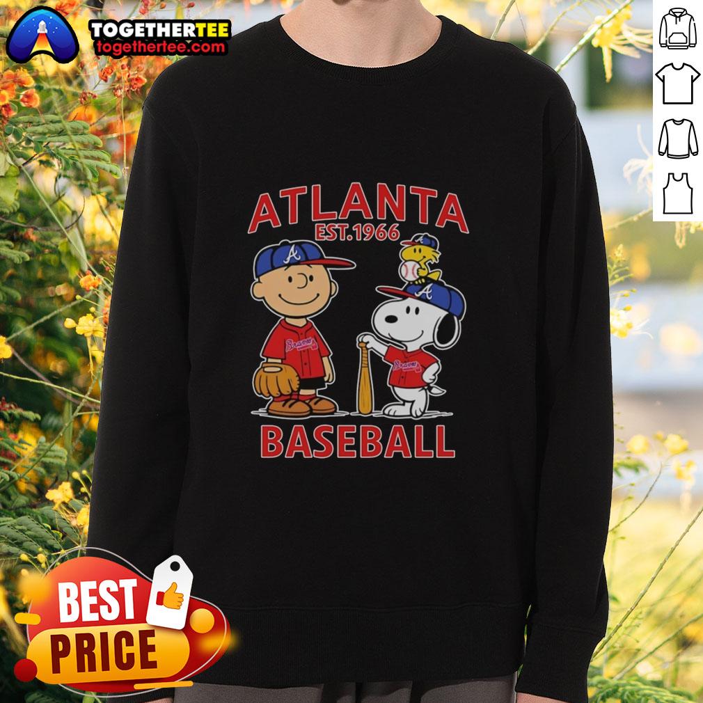Top Charlie Brown Snoopy And Woodstock With Atlanta Braves Baseball Jersey Est 1961 Sweatshirt Charlie Brown, Snoopy, and Woodstock in Atlanta Braves sweatshirt, Est. 1961, showcasing a fun baseball-themed design.