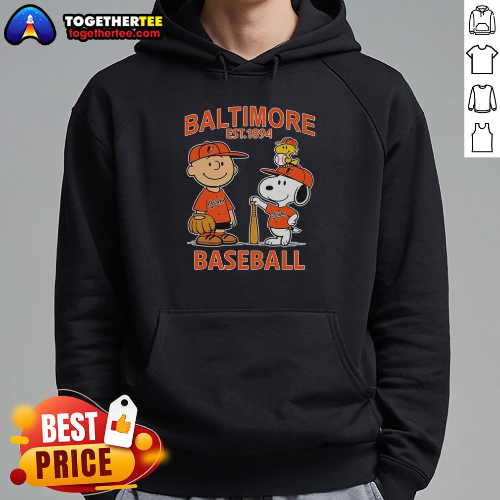 Top Charlie Brown Snoopy And Woodstock With Baltimore Orioles Baseball Jersey Est 1894 Hoodie Alt Text: Charlie Brown, Snoopy, and Woodstock wearing a Baltimore Orioles baseball jersey (Est. 1894) on a cozy hoodie.