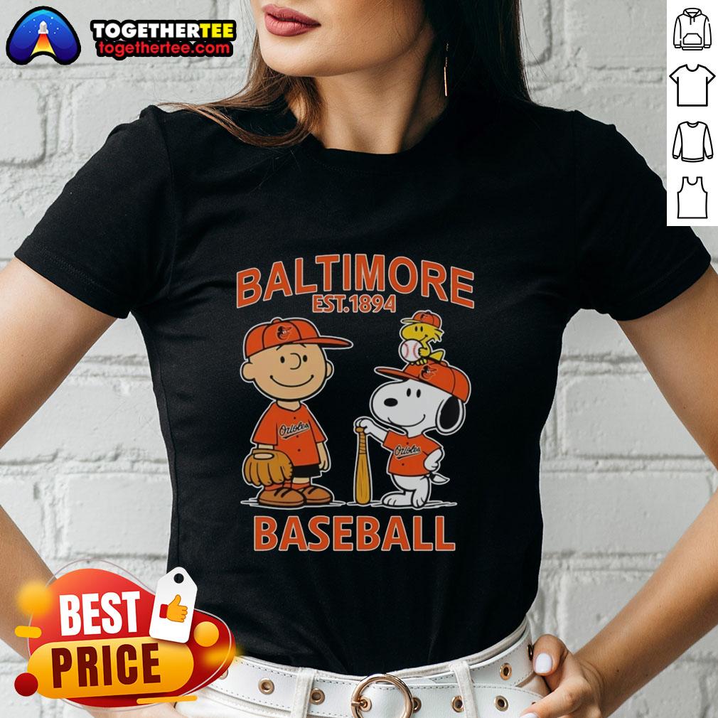 Top Charlie Brown Snoopy And Woodstock With Baltimore Orioles Baseball Jersey Est 1894 Ladies-Tee Top Charlie Brown, Snoopy, and Woodstock in Baltimore Orioles jersey Est. 1894 on a stylish ladies tee.