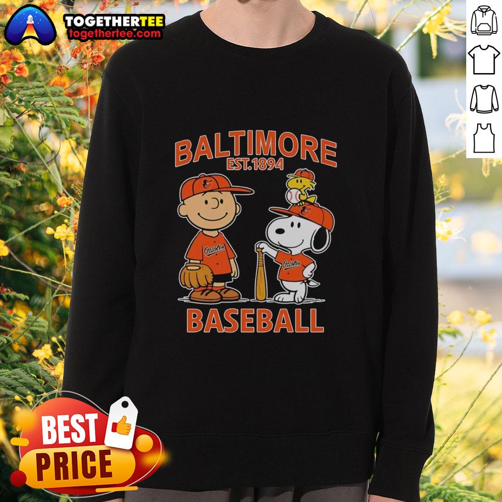 Top Charlie Brown Snoopy And Woodstock With Baltimore Orioles Baseball Jersey Est 1894 Sweatshirt Alt Text: Charlie Brown, Snoopy, and Woodstock in Baltimore Orioles baseball jersey sweatshirt, celebrating Est. 1894.