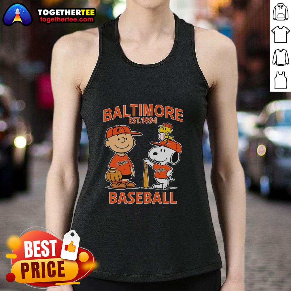 Top Charlie Brown Snoopy And Woodstock With Baltimore Orioles Baseball Jersey Est 1894 Tank Top Alt Text: Charlie Brown, Snoopy, and Woodstock wearing Baltimore Orioles baseball jersey on a stylish tank top, est. 1894.