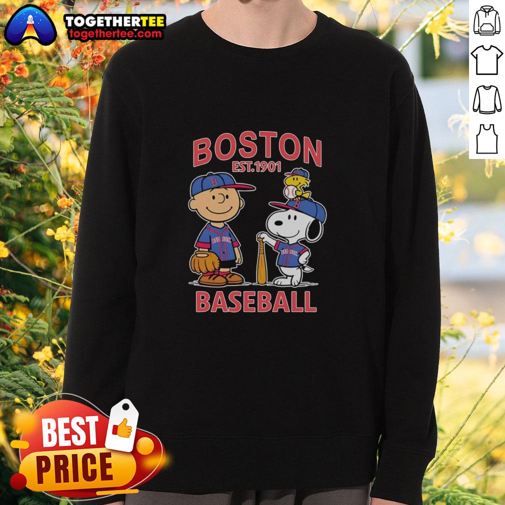 Top Charlie Brown Snoopy And Woodstock With Boston Red Sox Baseball Jersey Est 1901 Sweatshirt Alt Text: Charlie Brown, Snoopy, and Woodstock in a Boston Red Sox baseball jersey sweatshirt, Est. 1901 design.