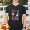 Alt Text: Top Charlie Brown, Snoopy, and Woodstock wearing Boston Red Sox baseball jersey T-shirt, established 1901.