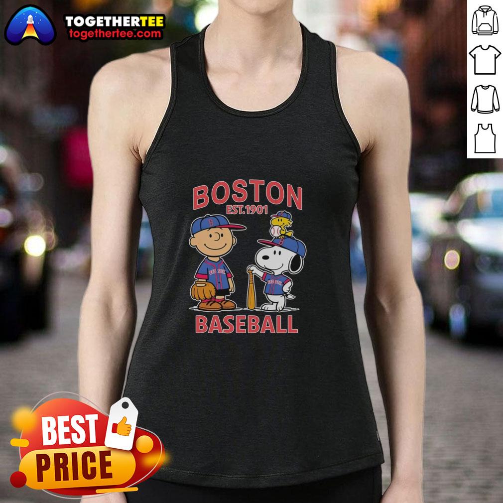 Top Charlie Brown Snoopy And Woodstock With Boston Red Sox Baseball Jersey Est 1901 Tank Top Charlie Brown, Snoopy, and Woodstock wearing Boston Red Sox baseball jersey tank top, established 1901.
