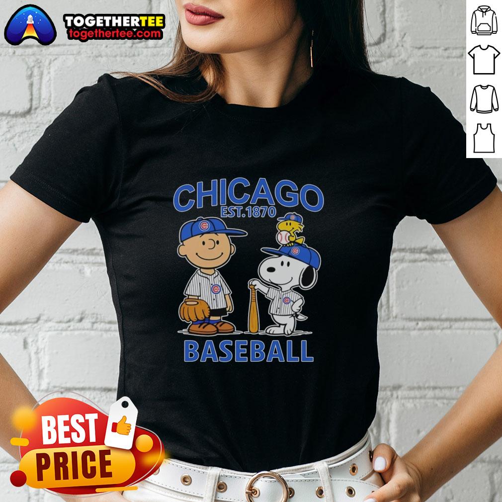 Top Charlie Brown Snoopy And Woodstock With Chicago Cubs Baseball Jersey Est 1870 Ladies-Tee Alt Text: Charlie Brown, Snoopy, and Woodstock in Chicago Cubs baseball jerseys on a ladies tee, est. 1870.