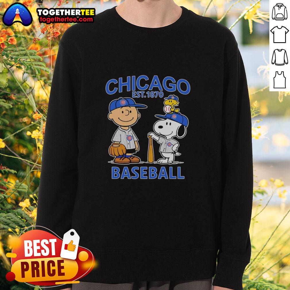 Top Charlie Brown Snoopy And Woodstock With Chicago Cubs Baseball Jersey Est 1870 Sweatshirt Charlie Brown, Snoopy, and Woodstock in Chicago Cubs baseball jersey sweatshirt, celebrating the team's history since 1870.
