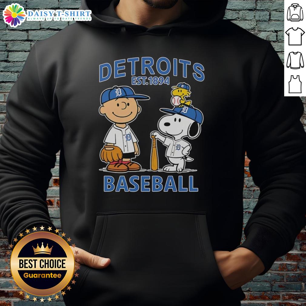 Top Charlie Brown Snoopy And Woodstock With Detroit Tigers Baseball Jersey Est 1894 Hoodie Alt Text: Charlie Brown, Snoopy, and Woodstock in Detroit Tigers baseball jersey hoodie, celebrating the team's est. 1894.