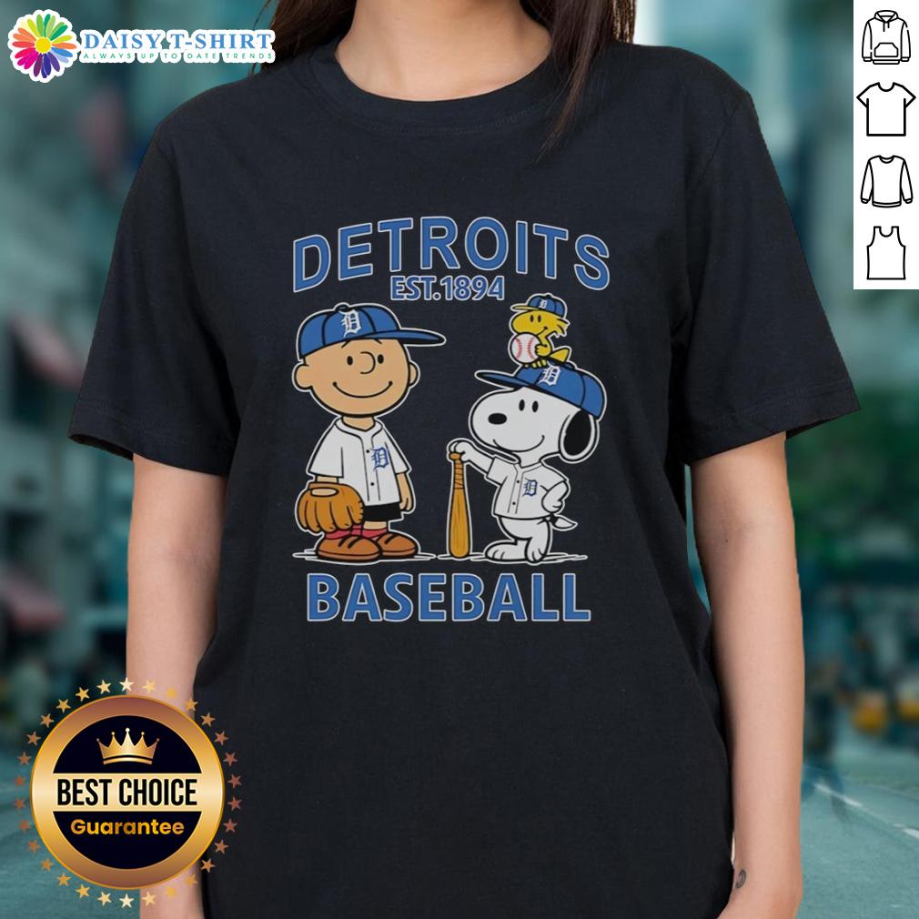 Top Charlie Brown Snoopy And Woodstock With Detroit Tigers Baseball Jersey Est 1894 Ladies-Tee Charlie Brown, Snoopy, and Woodstock in Detroit Tigers baseball jersey, Est. 1894 on ladies tee shirt design.