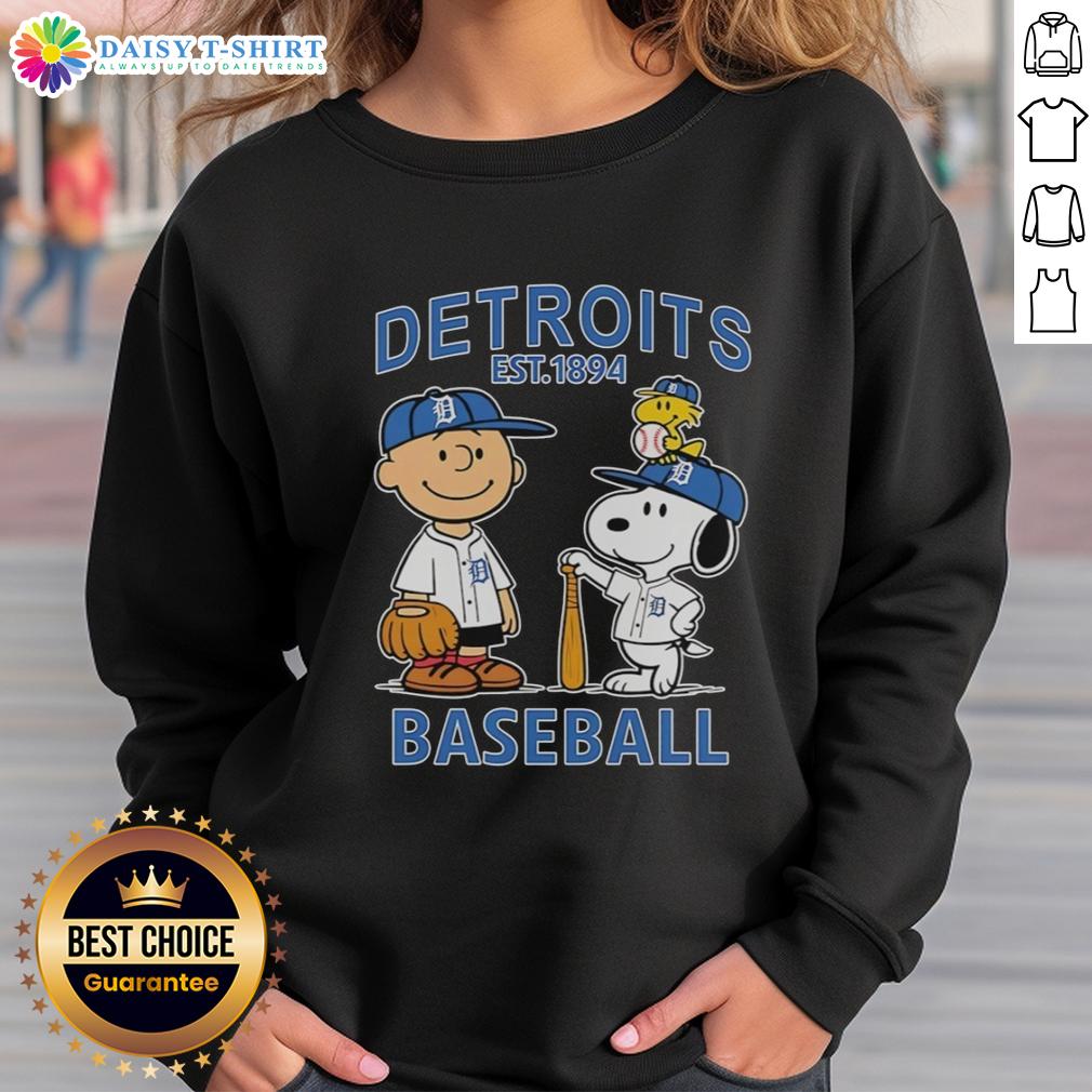 Top Charlie Brown Snoopy And Woodstock With Detroit Tigers Baseball Jersey Est 1894 Sweatshirt Alt Text: Charlie Brown, Snoopy, and Woodstock wearing a Detroit Tigers baseball jersey sweatshirt established in 1894.