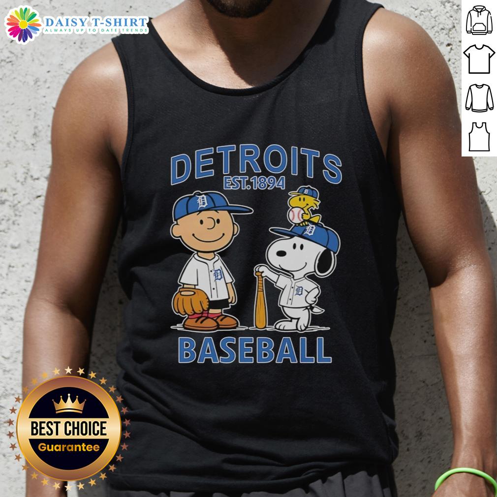 Top Charlie Brown Snoopy And Woodstock With Detroit Tigers Baseball Jersey Est 1894 Tank Top Charlie Brown, Snoopy, and Woodstock wearing a Detroit Tigers jersey on a stylish tank top, est. 1894 design.