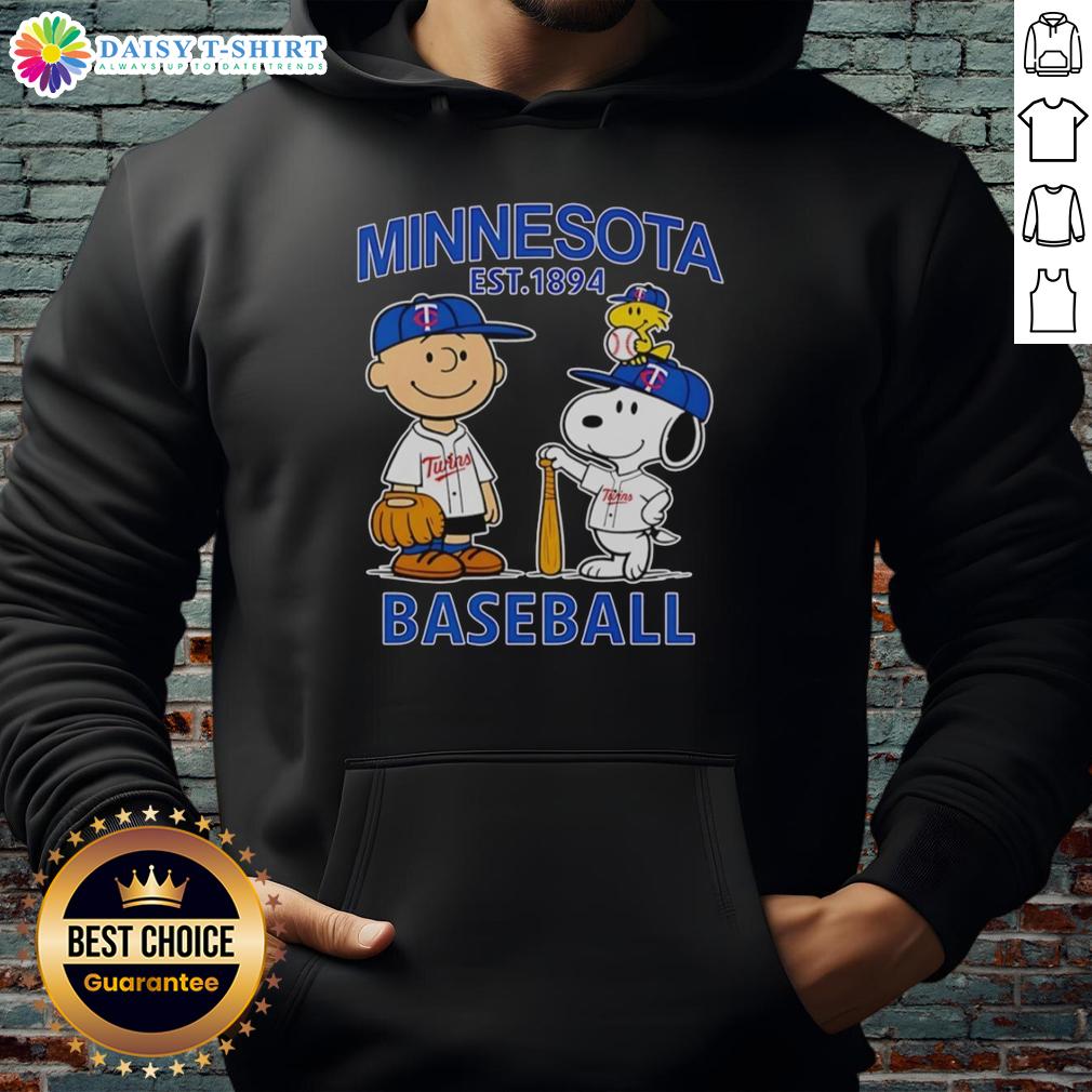 Top Charlie Brown Snoopy And Woodstock With Minnesota Twins Baseball Jersey Est 1894 Hoodie Charlie Brown, Snoopy, and Woodstock in Minnesota Twins jersey hoodie, celebrating baseball since 1894.