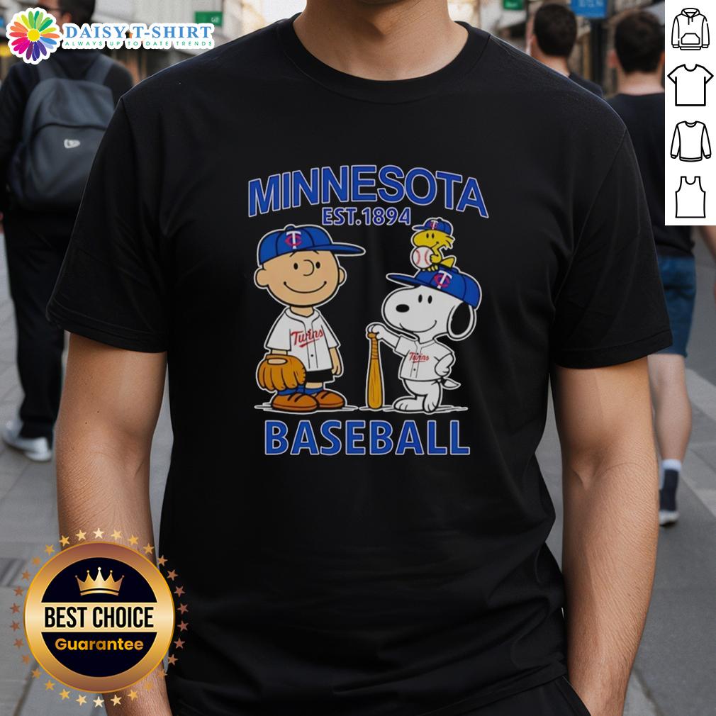 Top Charlie Brown Snoopy And Woodstock With Minnesota Twins Baseball Jersey Est 1894 T-Shirt Charlie Brown, Snoopy, and Woodstock in Minnesota Twins baseball jersey t-shirt, est. 1894, perfect for baseball fans.
