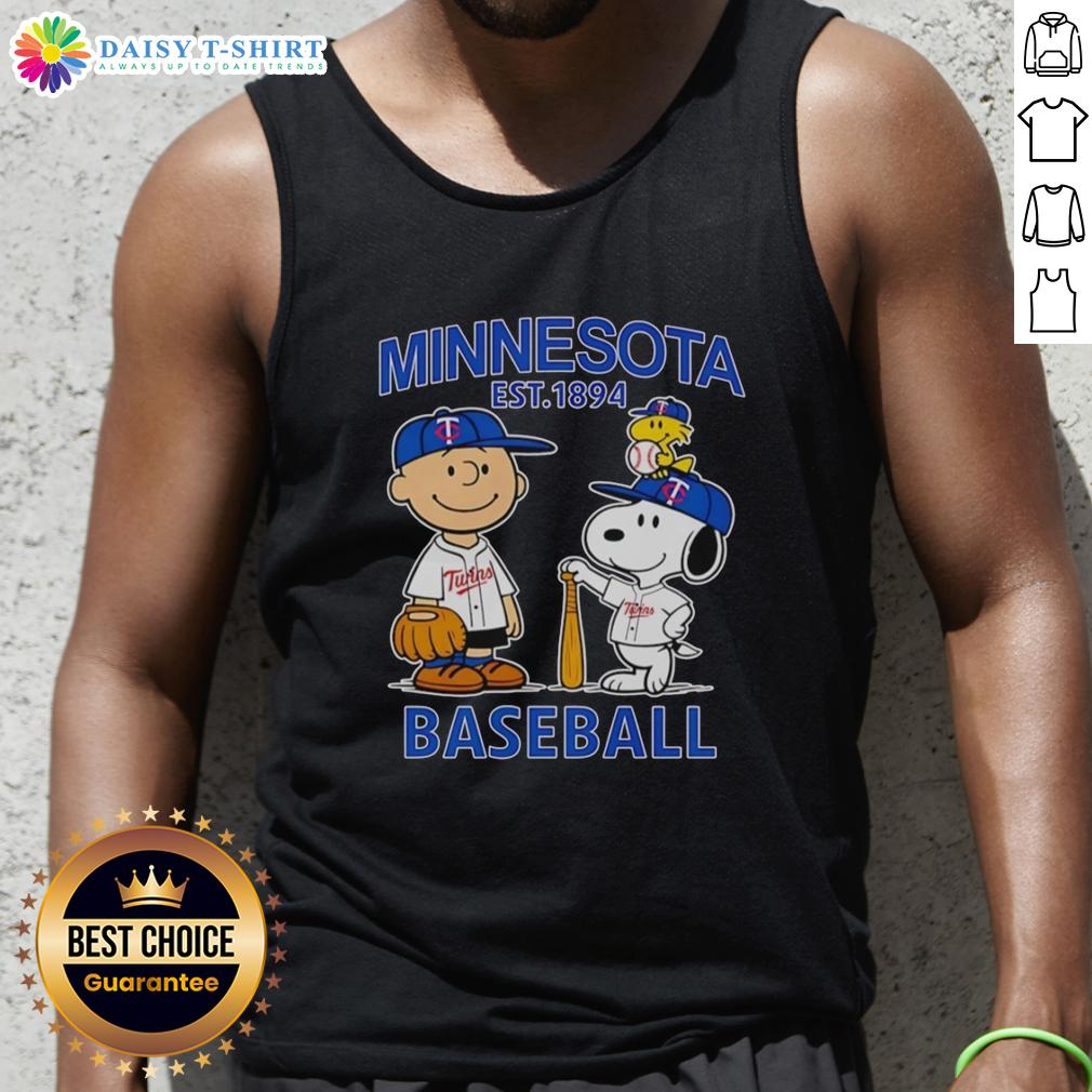 Top Charlie Brown Snoopy And Woodstock With Minnesota Twins Baseball Jersey Est 1894 Tank Top Alt Text: Charlie Brown, Snoopy, and Woodstock wearing Minnesota Twins baseball jersey tank top Est. 1894.
