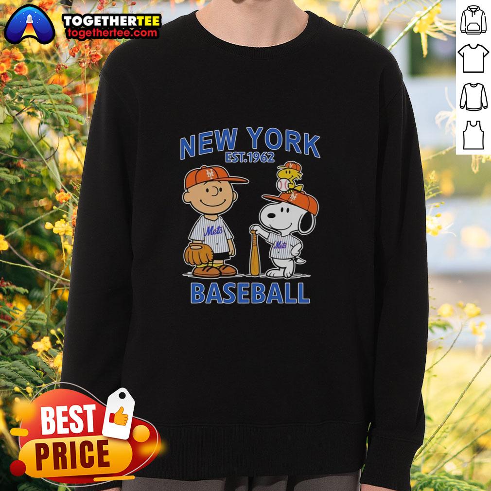 Top Charlie Brown Snoopy And Woodstock With New York Mets Baseball Jersey Est 1962 Sweatshirt Alt Text: Top Charlie Brown, Snoopy, and Woodstock in New York Mets baseball jersey sweatshirt, established 1962.