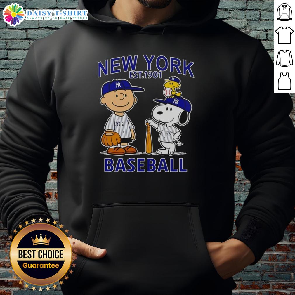 Top Charlie Brown Snoopy And Woodstock With New York Yankees Baseball Jersey Est 1901 Hoodie Alt Text: Charlie Brown, Snoopy, and Woodstock wearing a New York Yankees baseball jersey hoodie, established 1901.