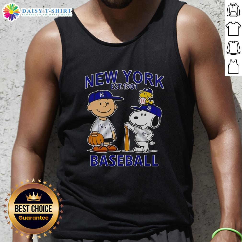 Top Charlie Brown Snoopy And Woodstock With New York Yankees Baseball Jersey Est 1901 Tank Top Alt Text: Charlie Brown, Snoopy, and Woodstock wearing a New York Yankees baseball jersey tank top, Est. 1901 design.