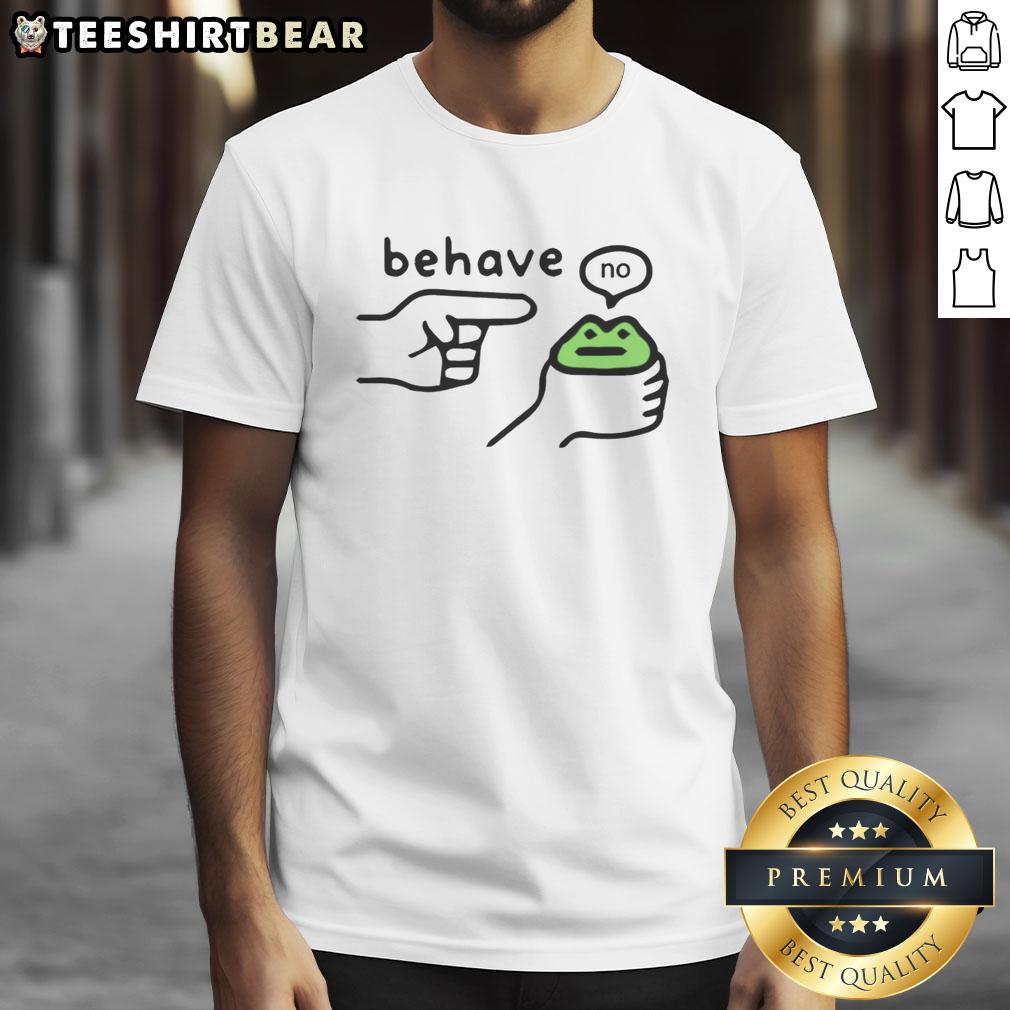 top-dishonest-frog-funny-frog-meme-behave-no-t-shirt-1 Top Dishonest Frog Funny Frog Meme graphic on a t-shirt, showcasing a humorous and quirky frog design.