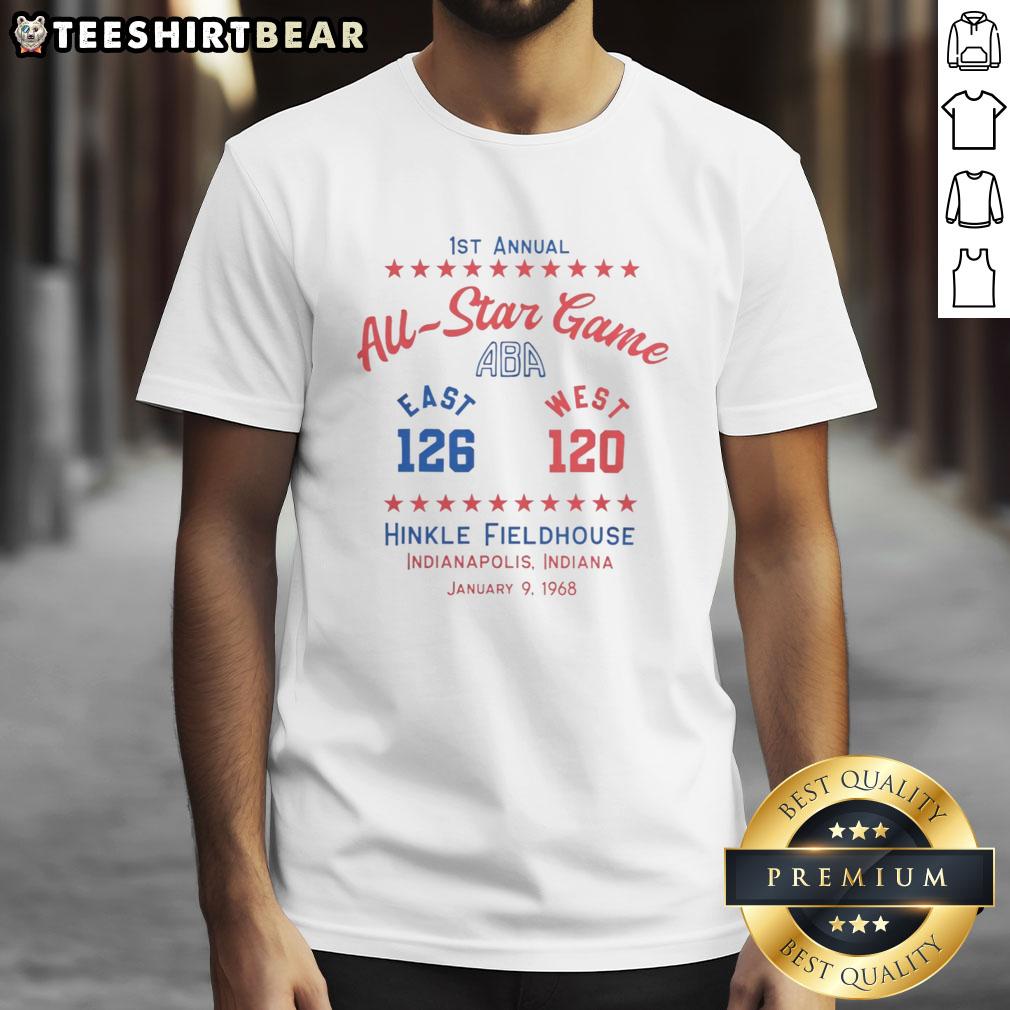 top-first-annual-aba-all-star-game-t-shirt Alt Text: Top First Annual ABA All-Star Game T-Shirt featuring vibrant design and logo for basketball fans.