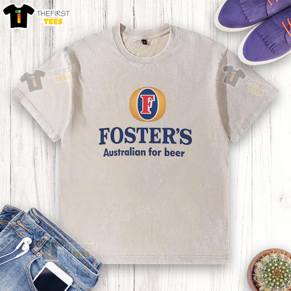 top-fosters-australian-for-beer-washed-t-shirt Top Fosters Australian beer washed t-shirt displayed on a hanger, showcasing its soft fabric and casual style.
