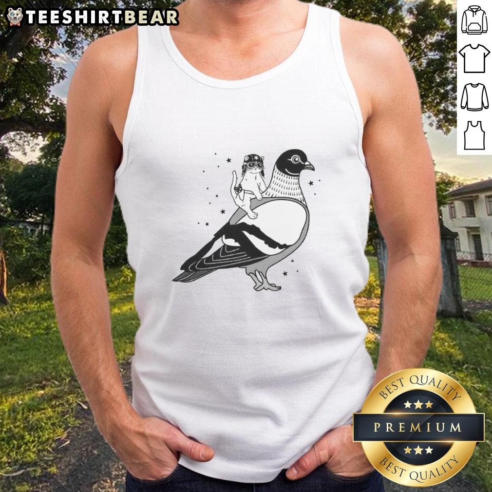 top-gary-riding-pigeon-the-cat-wearing-a-hat-flies-on-the-back-of-a-dove-tank-top Alt Text: Gary the cat in a hat rides on the back of a dove tank top, showcasing a whimsical and playful scene.