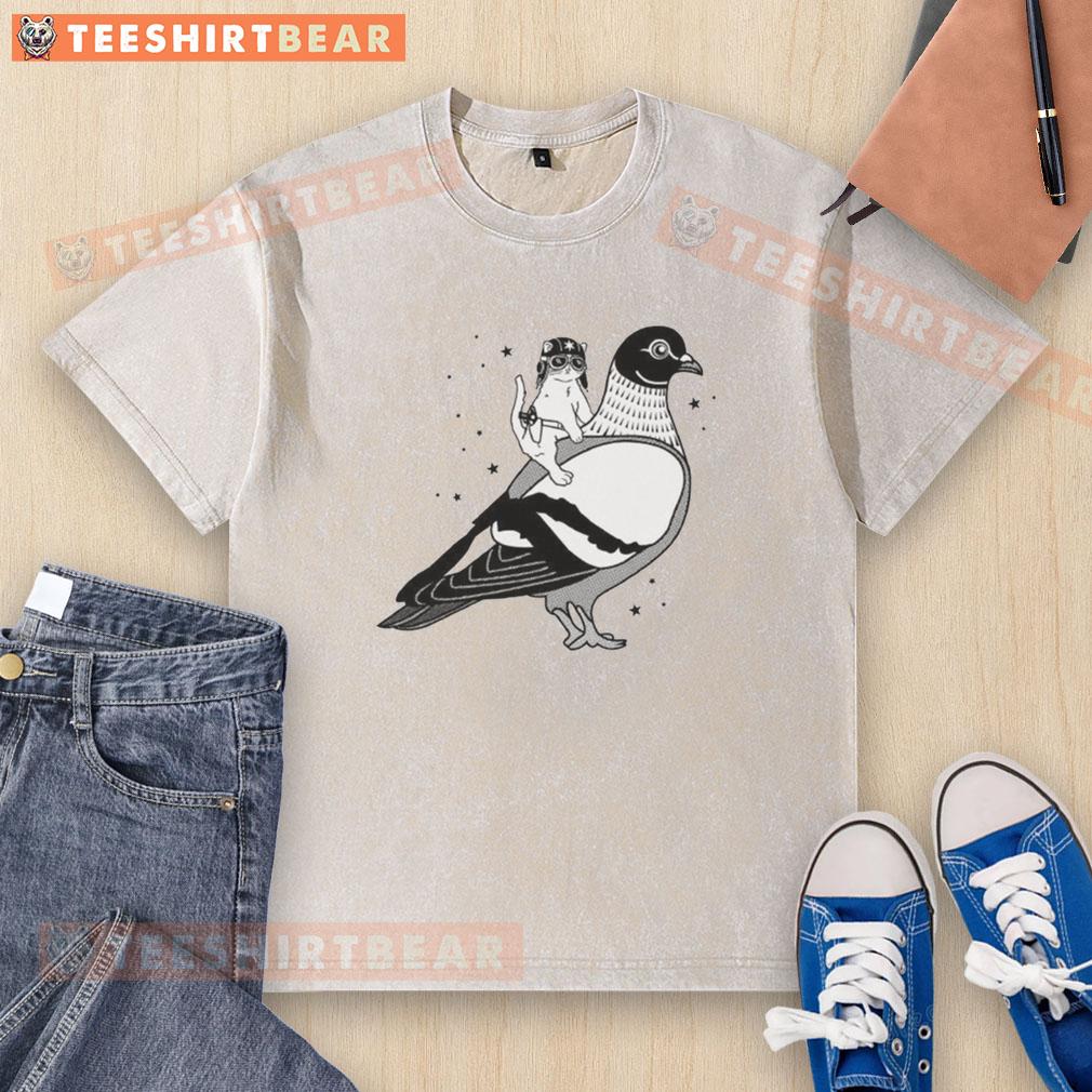 top-gary-riding-pigeon-the-cat-wearing-a-hat-flies-on-the-back-of-a-dove-washed-t-shirt Top Gary riding pigeon cat in a hat flies on dove, featured on a washed T-shirt design.