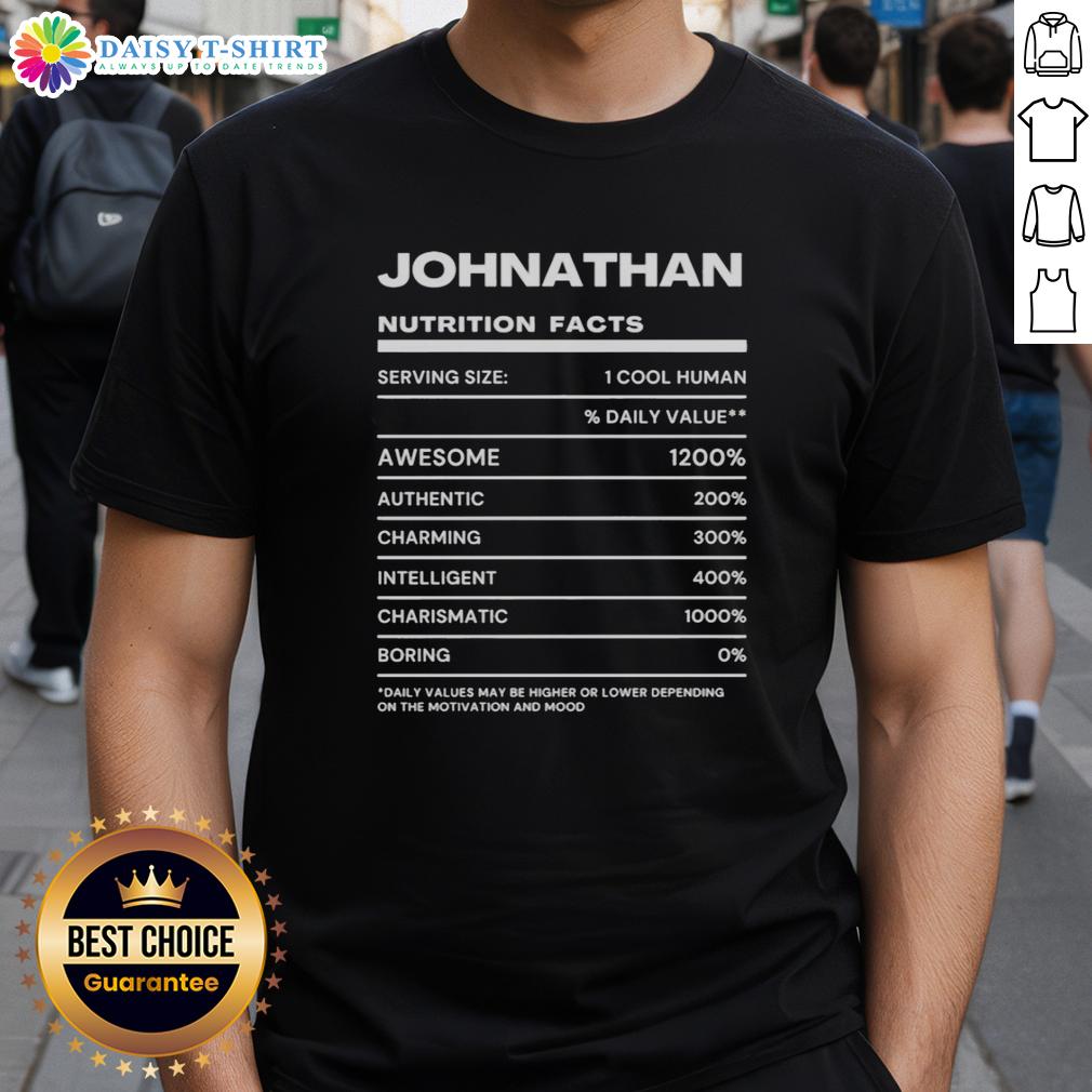 Top Johnathan Nutrition Facts Awesome Authentic Charming Intellgent Boring T-Shirt Top Johnathan Nutrition Facts T-Shirt showcasing an awesome, authentic design with charming and intelligent graphics.