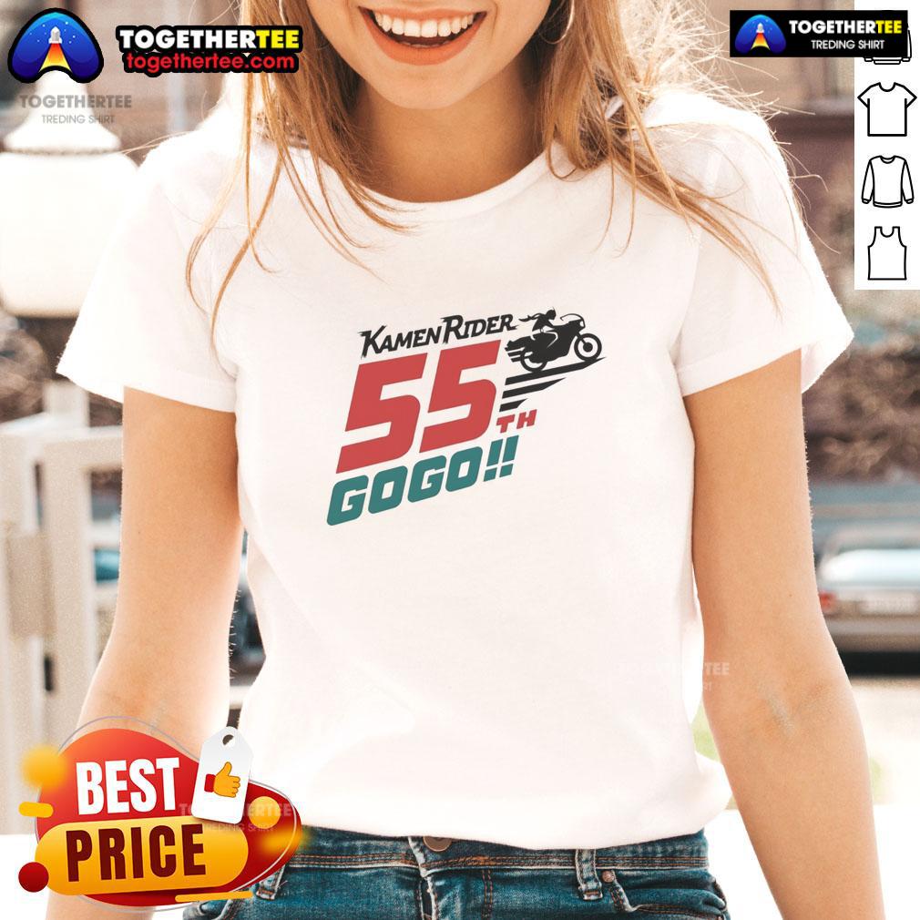 Top Kamen Rider 55Th Gogo Biker Ladies Tee Alt Text: Top Kamen Rider 55th Gogo Biker Ladies Tee featuring vibrant design and stylish fit for fans of the iconic series.