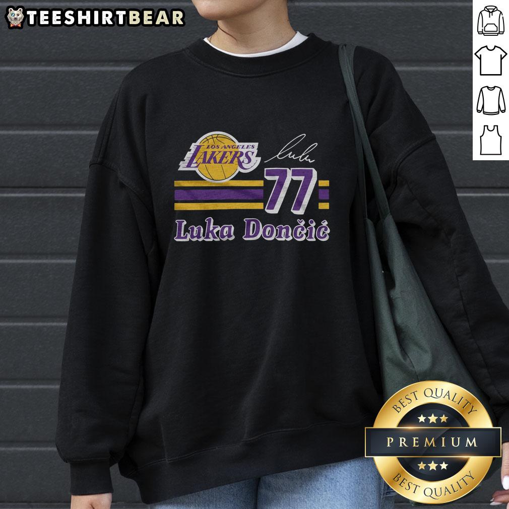 top-lakers-luka-doncic-signature-jersey-sweatshirt Alt Text: Top Lakers Luka Doncic signature jersey sweatshirt featuring team colors and design for fans and players.