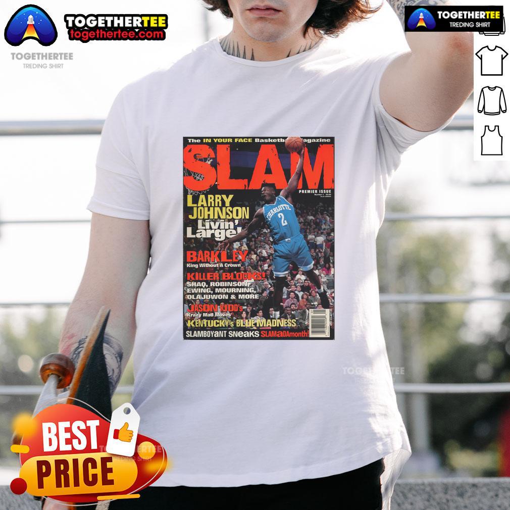 Top Larry Johnson Livin' Larger The In Your Face Basketball Magazine Slam T-Shirt Top Larry Johnson 'Livin' Larger' Slam T-Shirt featuring vibrant graphics from In Your Face Basketball Magazine.