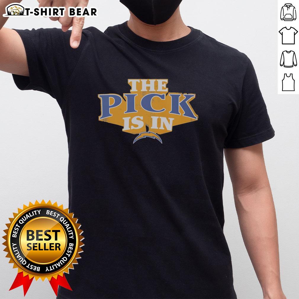 Top Los Angeles Chargers Pick Is In T Shirt Top Los Angeles Chargers Pick Is In T-Shirt featuring team colors and logo, perfect for fans celebrating the NFL draft.