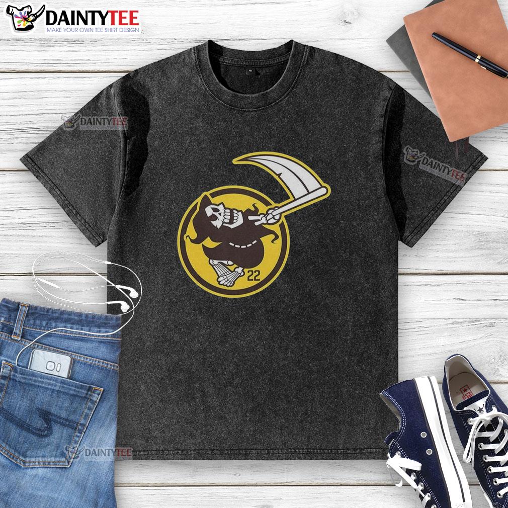 top-mason-miller-san-diego-padres-mlb-the-grim-reaper-number-22-washed-t-shirt Alt Text: Top Mason Miller San Diego Padres MLB The Grim Reaper Number 22 washed t-shirt displayed on a hanger.