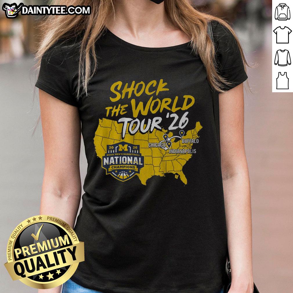 top-michigan-wolverines-mbb-2026-national-champions-shock-the-world-tour-ladies-tee 2026 Michigan Wolverines MBB National Champions tee for women, celebrating the Shock the World Tour.
