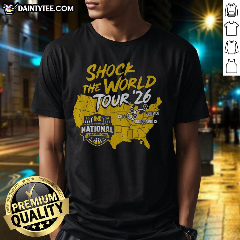 top-michigan-wolverines-mbb-2026-national-champions-shock-the-world-tour-t-shirt-1 Top Michigan Wolverines MBB 2026 National Champions T-Shirt celebrating their Shock the World Tour in bold colors.