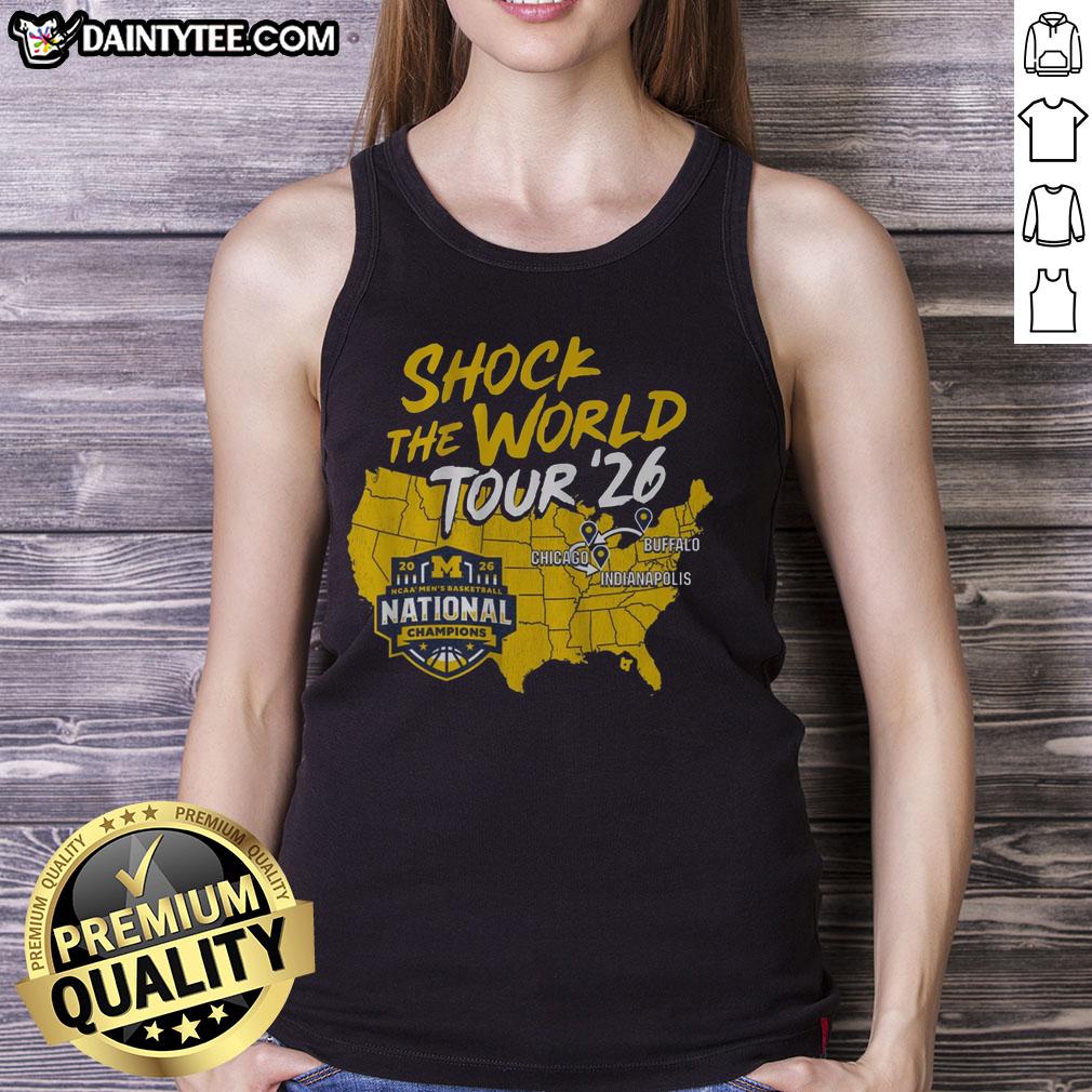 top-michigan-wolverines-mbb-2026-national-champions-shock-the-world-tour-tank-top Michigan Wolverines MBB 2026 National Champions Shock The World Tour tank top featuring team colors and logo.