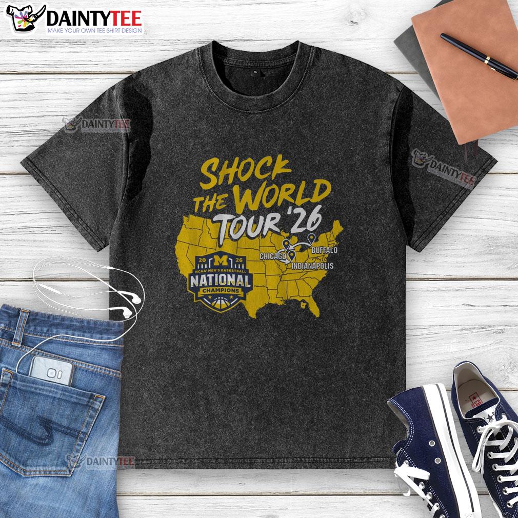 top-michigan-wolverines-mbb-2026-national-champions-shock-the-world-tour-washed-t-shirt Top Michigan Wolverines MBB 2026 National Champions Shock the World Tour washed t-shirt showcasing team spirit.