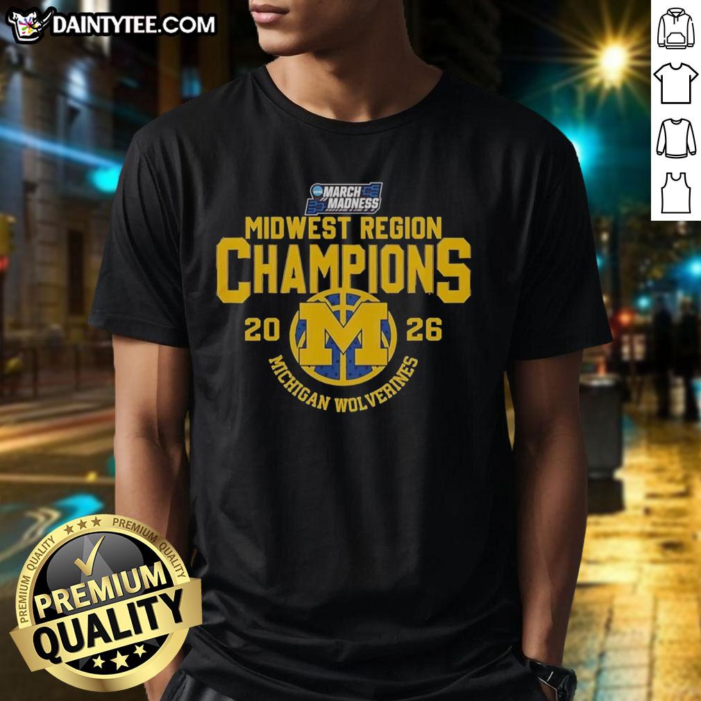 top-midwest-region-champions-2026-michigan-wolverines-ncaa-march-madness-basketball-t-shirt-1 2026 NCAA March Madness Michigan Wolverines Champions T-Shirt showcasing top Midwest Region basketball team pride.