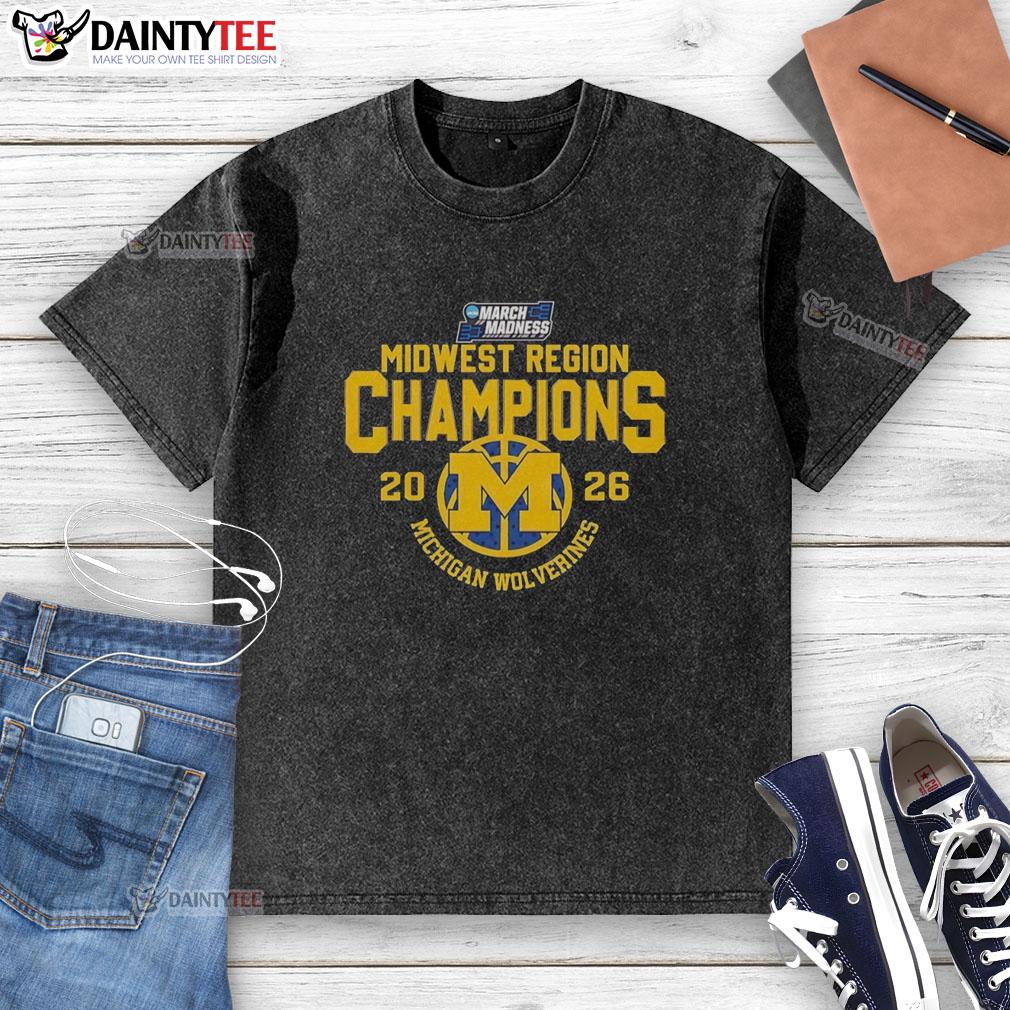 top-midwest-region-champions-2026-michigan-wolverines-ncaa-march-madness-basketball-washed-t-shirt Alt Text: 2026 Michigan Wolverines NCAA March Madness Basketball Champions washed t-shirt in blue, celebrating Midwest region victory.