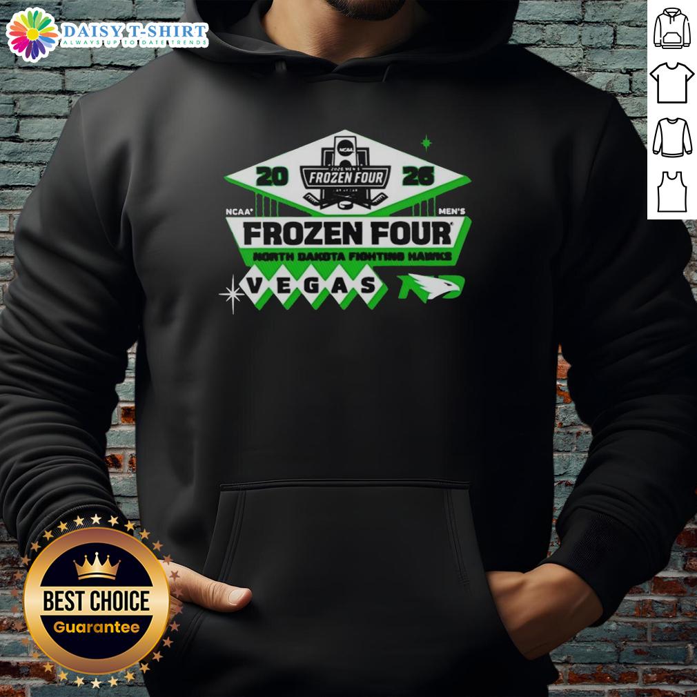 Top North Dakota Fighting Hawks Men's Hockey 2026 NCAA Frozen Four Vegas Logo Hoodie Alt Text: 2026 NCAA Frozen Four hoodie featuring the North Dakota Fighting Hawks men's hockey logo, perfect for fans.
